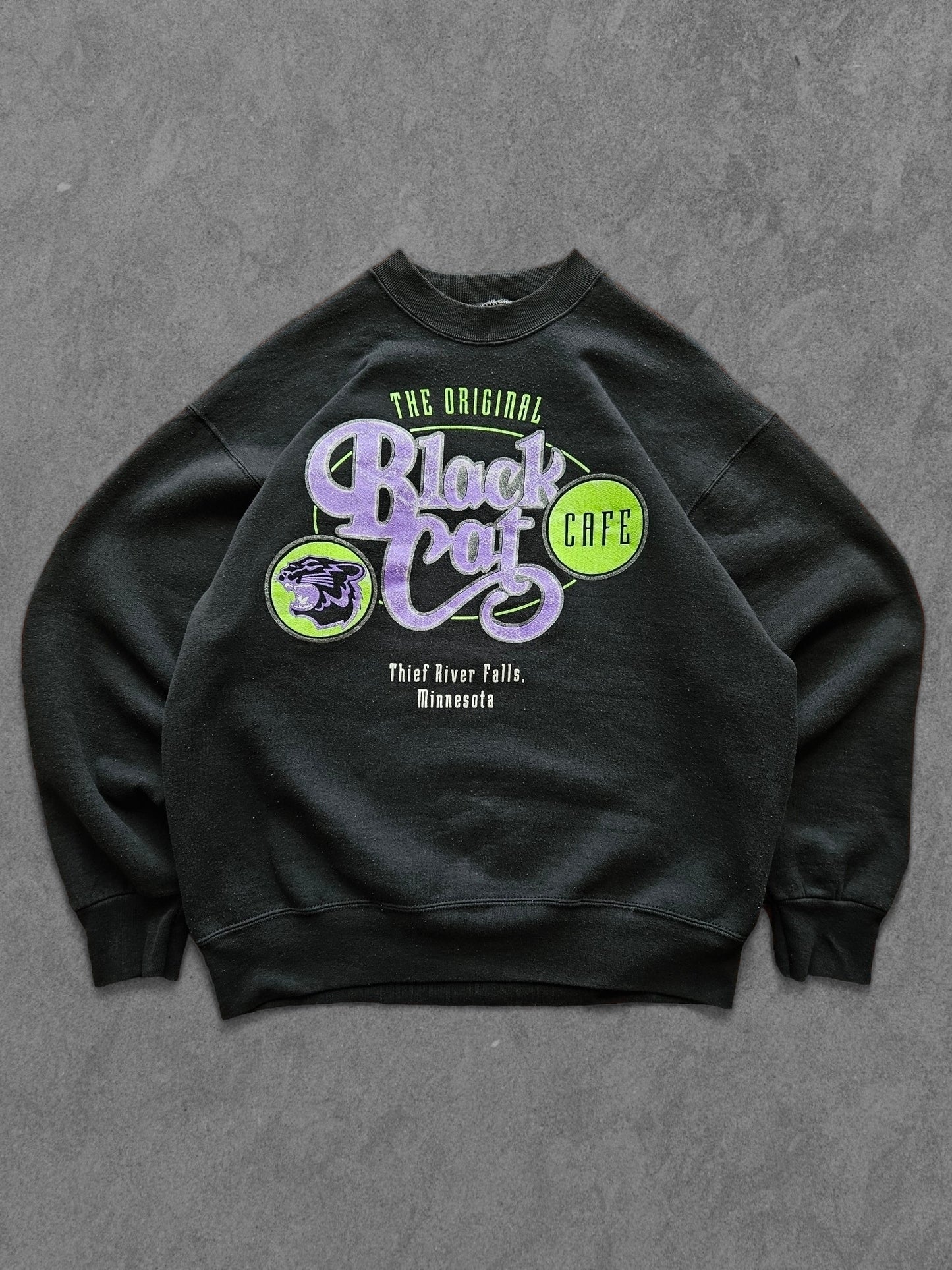 90s FRUIT OF THE LOOM ''BLACK CAT CAFE'' SWEATSHIRT [L]