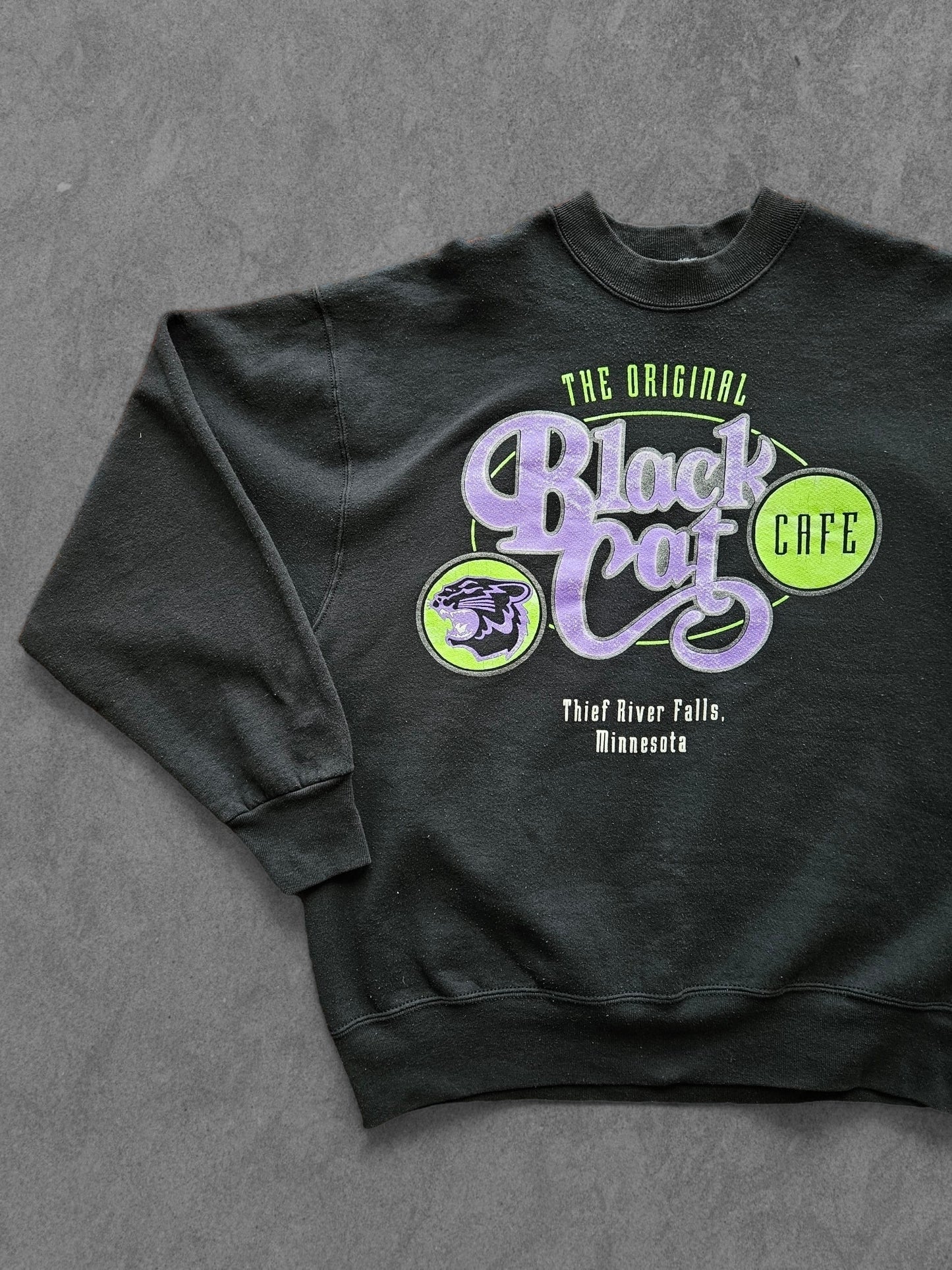 90s FRUIT OF THE LOOM ''BLACK CAT CAFE'' SWEATSHIRT [L]