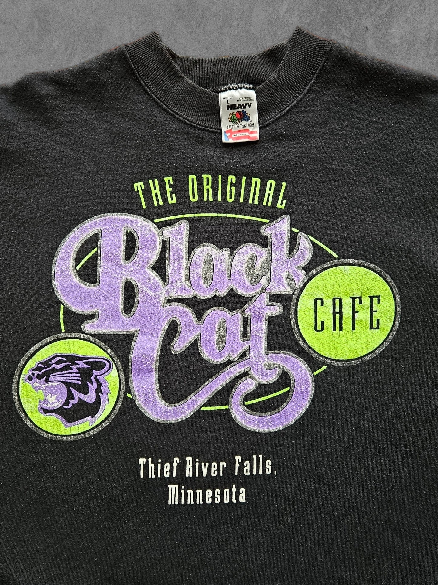 90s FRUIT OF THE LOOM ''BLACK CAT CAFE'' SWEATSHIRT [L]