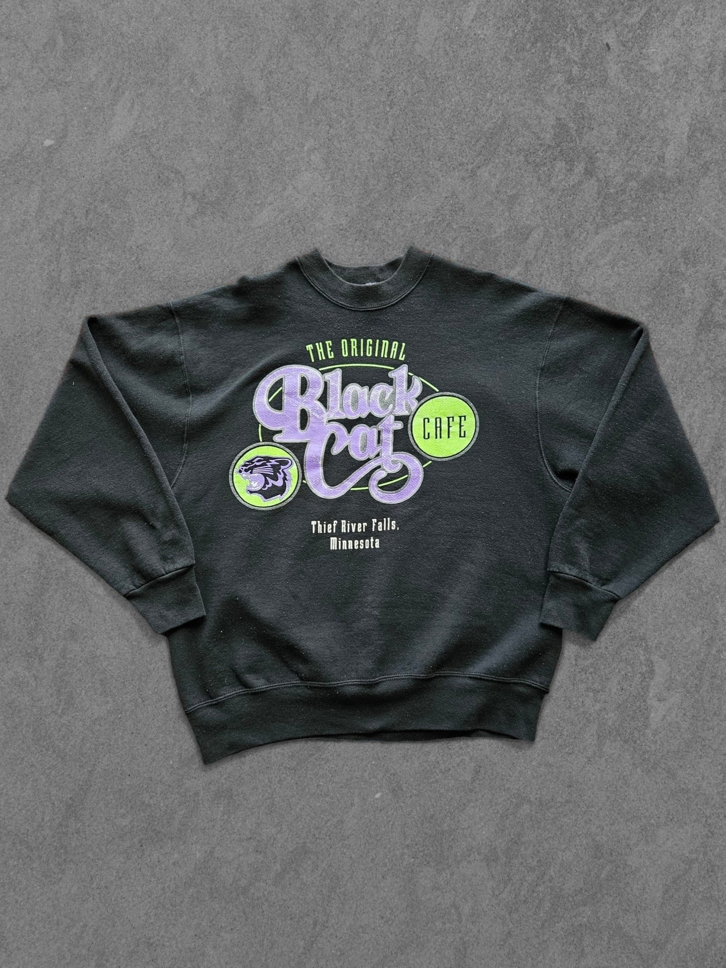 90s FRUIT OF THE LOOM ''BLACK CAT CAFE'' SWEATSHIRT [L]