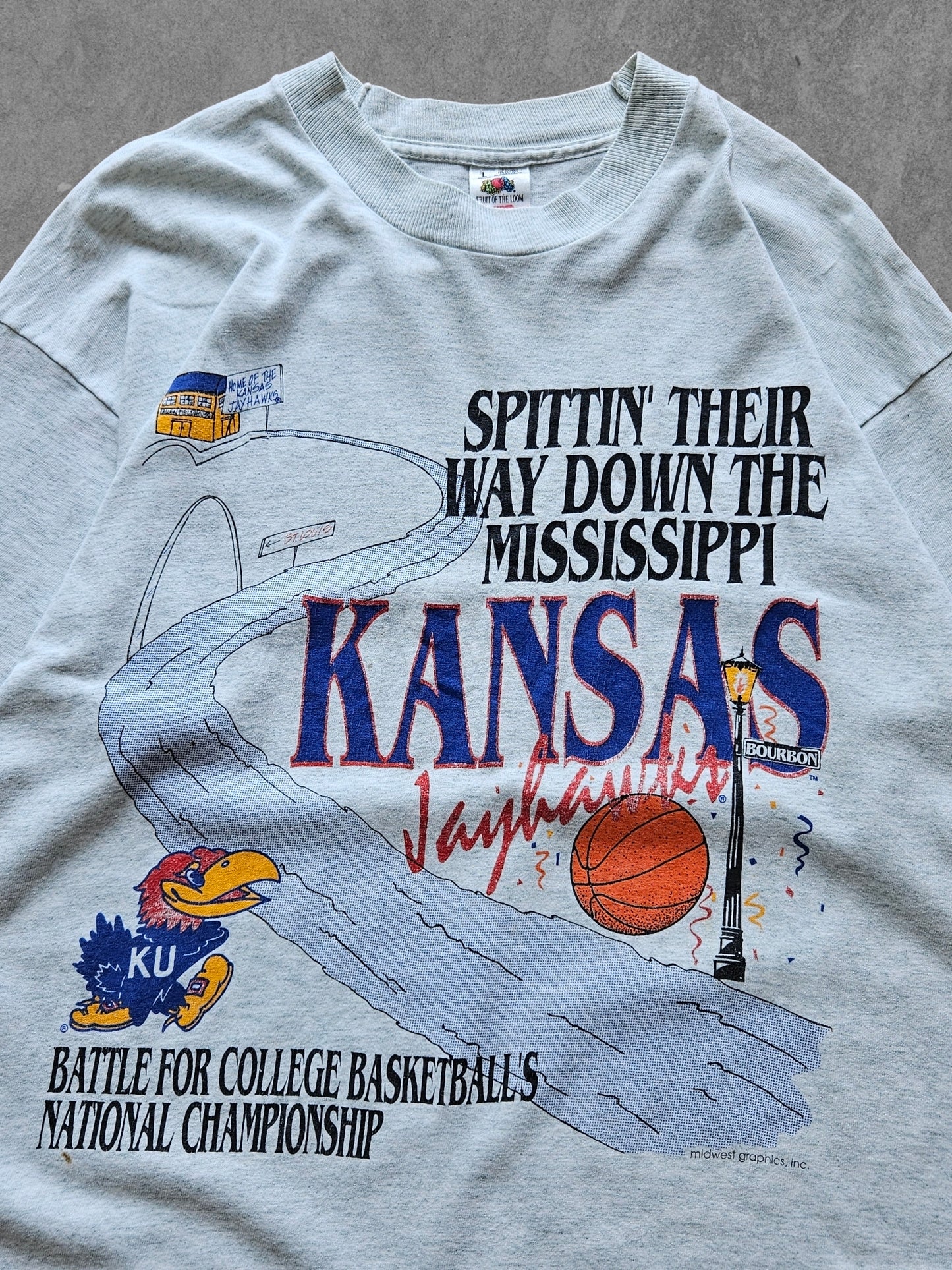 90s FRUIT OF THE LOOM ''KANSAS JAYHAWKS'' T-SHIRT [L]