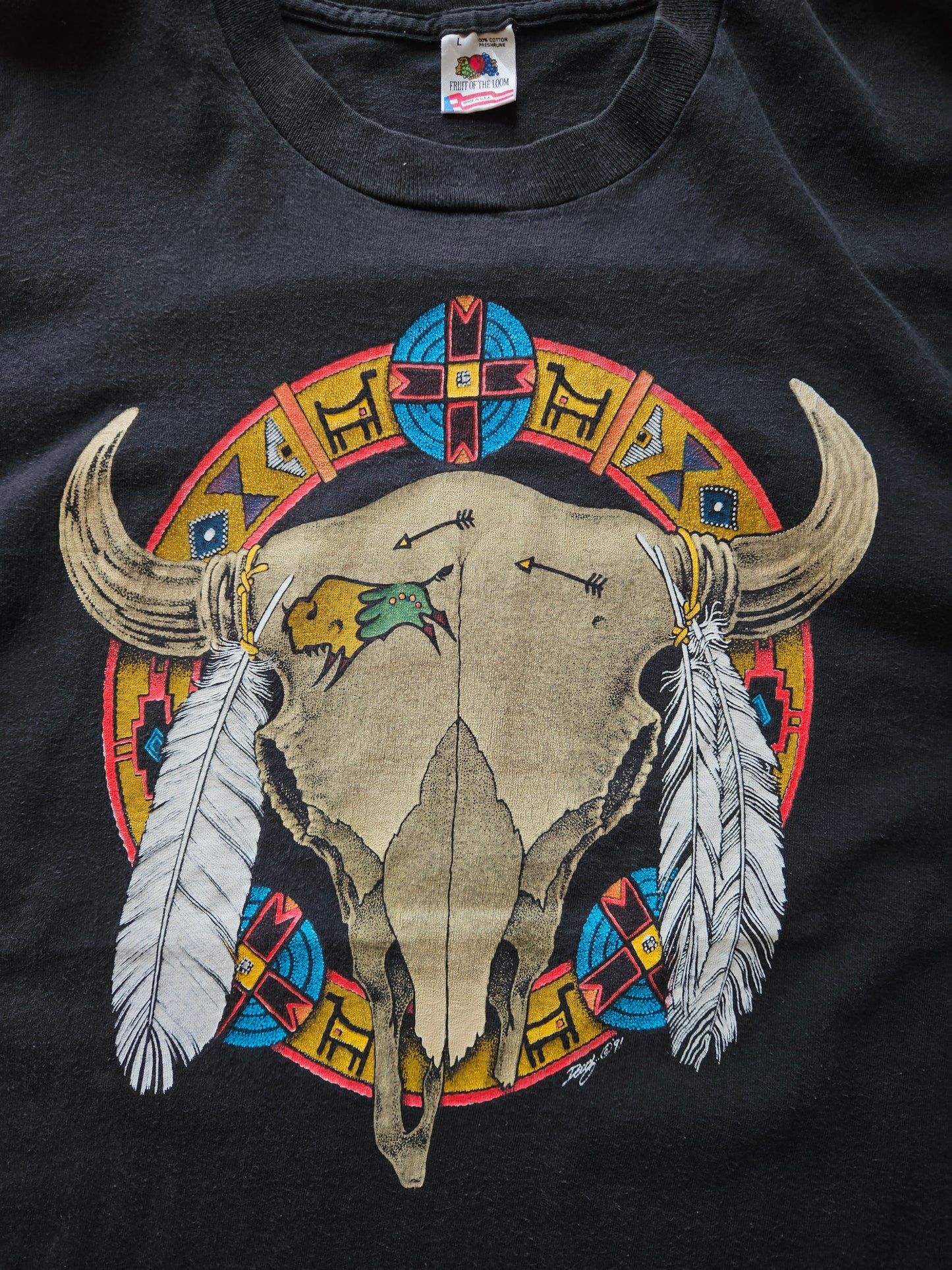 90s FRUIT OF THE LOOM ''NATIVE BULL'' T-SHIRT [L]