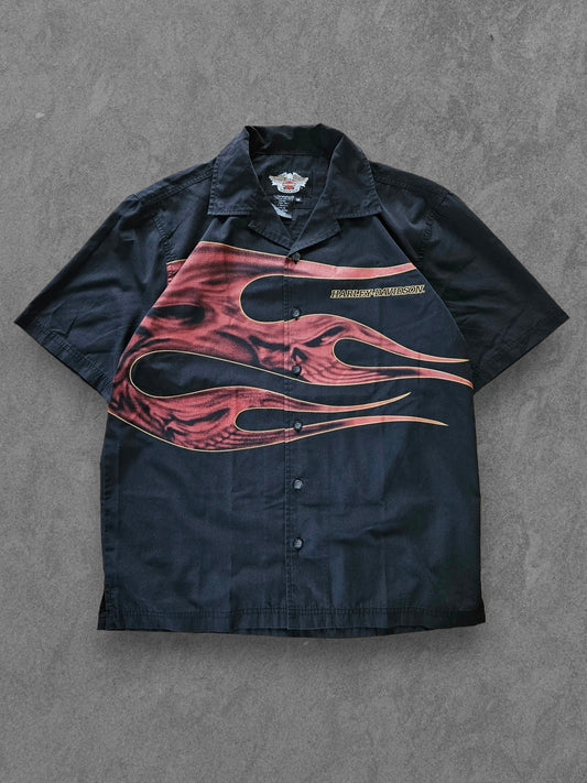 00s HARLEY DAVIDSON ON FIRE BUTTON-UP SHIRT [M]