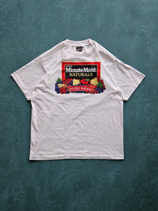 Vintage Minute Maid promo graphic tee in white. Made in USA during the early 1990s with a Best Fruit of the Loom tag.