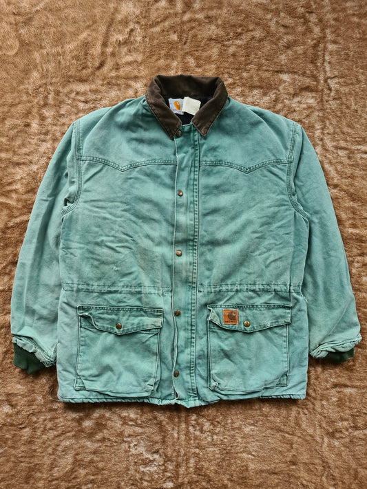 De vintage winkel met tweedehands kleding uit de thrift | 90s CARHARTT TEAL DENIM WORK JACKET [XL] OUTERWEAR