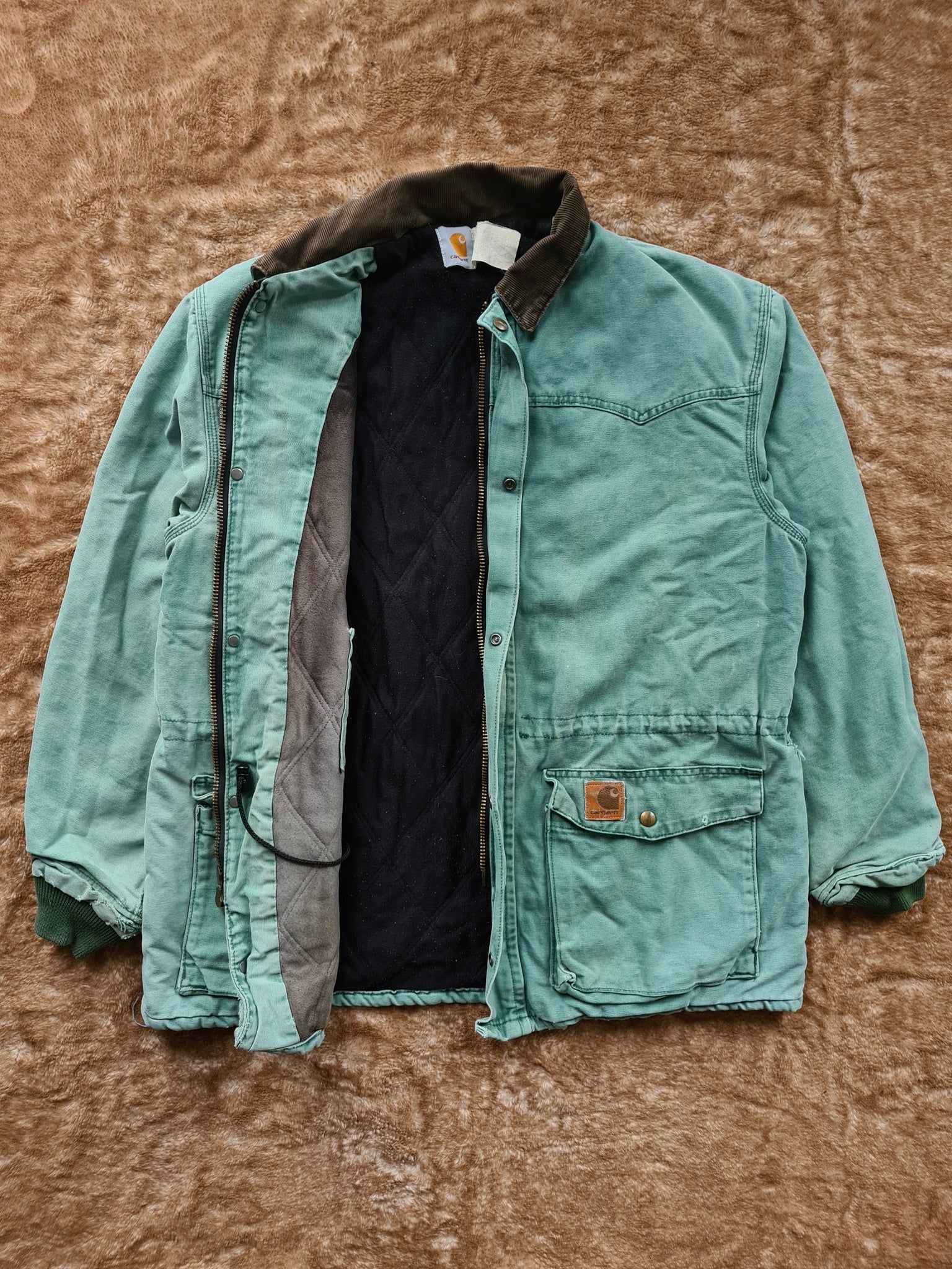 De vintage winkel met tweedehands kleding uit de thrift | 90s CARHARTT TEAL DENIM WORK JACKET [XL] OUTERWEAR