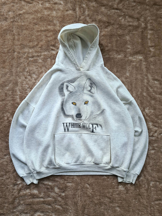 De vintage winkel met tweedehands kleding uit de thrift | 80s WHITE WOLF HOODIE [M] SWEATSHIRT